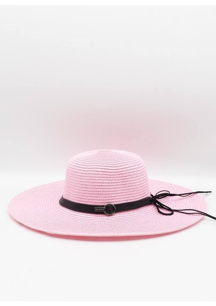 Kadın Deri Aksesuarlı Trend Pembe Hasır Şapka