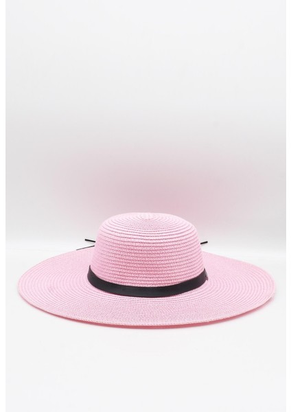 Kadın Deri Aksesuarlı Trend Pembe Hasır Şapka