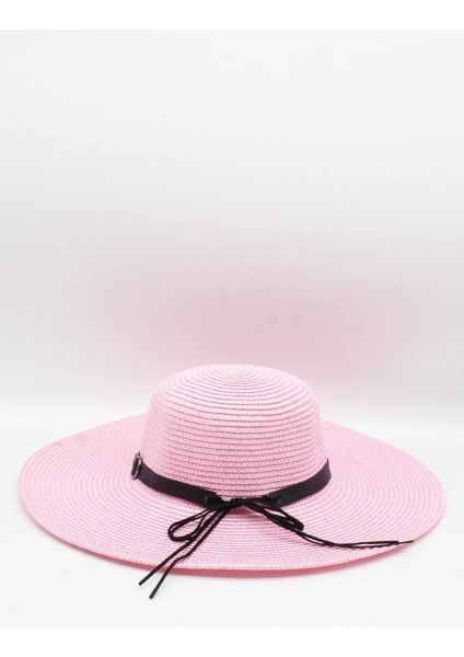 Kadın Deri Aksesuarlı Trend Pembe Hasır Şapka