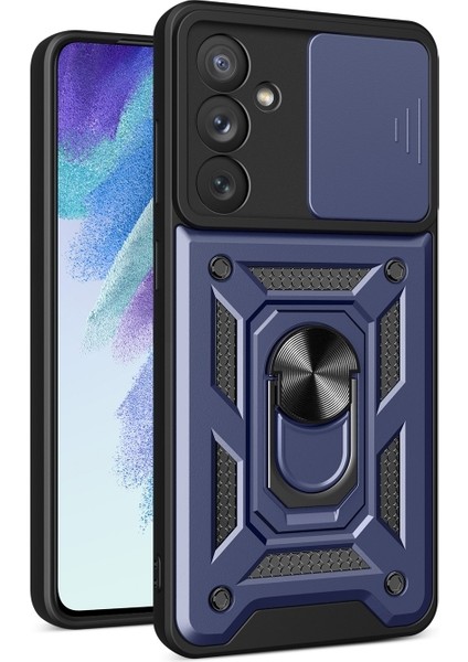 Samsung Galaxy M14 Uyumlu Kılıf Sert Silikon Tank Aramid Sürgülü Vega Yüzüklü Lacivert