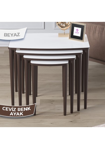 Concept Telwe Serisi 1.sınıf Mdf Beyaz Sehpa Ceviz Kenar 4'lü Zigon Sehpa Takımı Gürgen Ayak