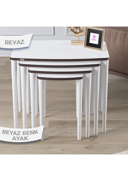 Concept Telwe Serisi 1.sınıf Mdf Beyaz Sehpa Ceviz Kenar 4'lü Zigon Sehpa Takımı Gürgen Ayak