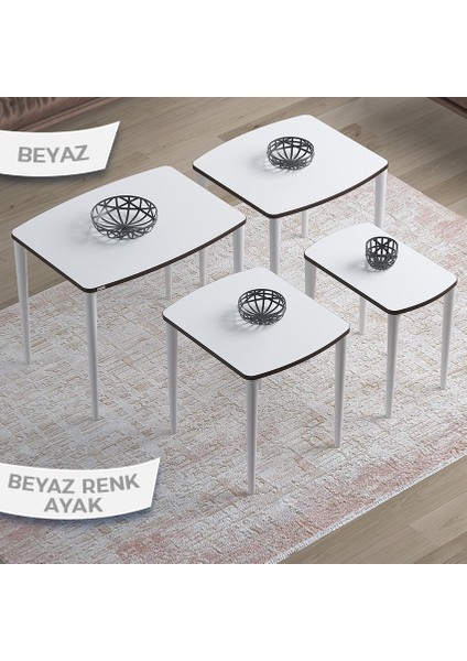 Concept Telwe Serisi 1.sınıf Mdf Beyaz Sehpa Ceviz Kenar 4'lü Zigon Sehpa Takımı Gürgen Ayak