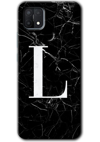 Oppo A15S Kılıf Hd Desen Baskılı Arka Kapak - Siyah Mermer Desenli L Harfi