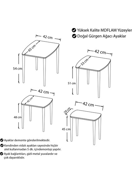 Concept Anka Serisi  1.sınıf Sehpa Takımı Mdf Krem 4'lü Zigon Sehpa Takımı Gürgen Ayaklar