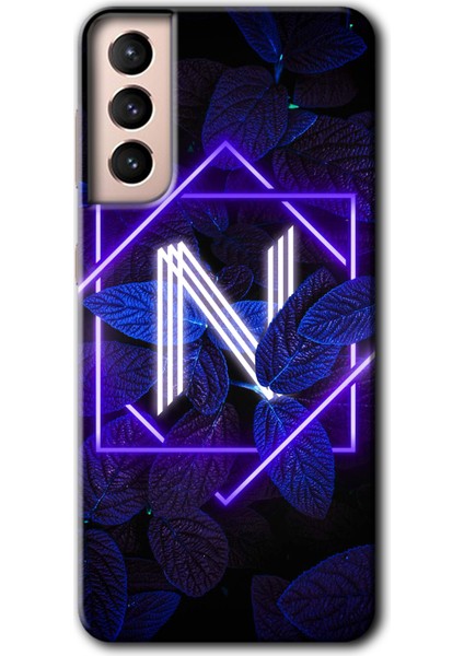 Galaxy S21 Kılıf Hd Desen Baskılı Arka Kapak + Kırılmaz Cam - Dark Neon Yaprak N Harfi