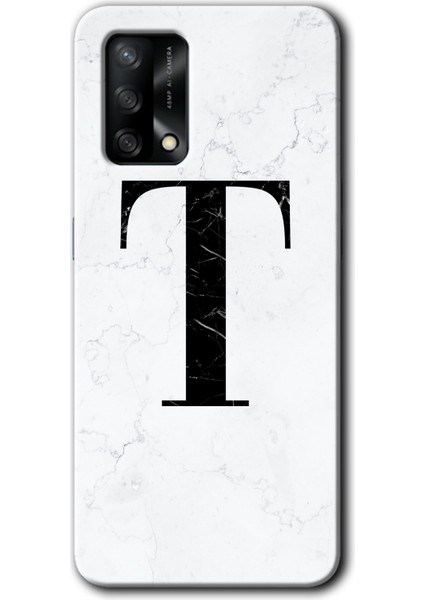 Oppo A74 Kılıf Hd Desen Baskılı Arka Kapak + Kırılmaz Cam - Beyaz Mermer Desenli T Harfi