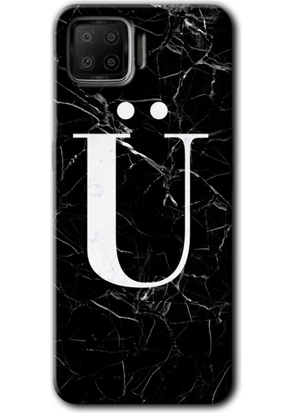 Oppo A73 Kılıf Hd Desen Baskılı Arka Kapak + Kırılmaz Cam - Siyah Mermer Desenli Ü Harfi