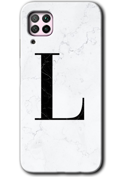 Huawei P40 Lite Kılıf Hd Desen Baskılı Arka Kapak + Kırılmaz Cam - Beyaz Mermer Desenli L Harfi