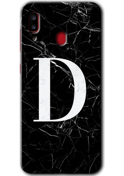 Galaxy A30 Kılıf Hd Desen Baskılı Arka Kapak + Esnek Nano Cam - Siyah Mermer Desenli D Harfi