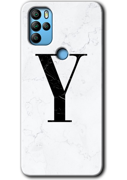 Omix X300 Kılıf Hd Desen Baskılı Arka Kapak + Kırılmaz Cam - Beyaz Mermer Desenli Y Harfi