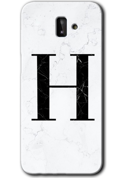 Galaxy J8 Kılıf Hd Desen Baskılı Arka Kapak + Esnek Nano Cam - Beyaz Mermer Desenli H Harfi