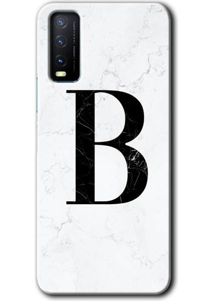 Vivo Y11S Kılıf Hd Desen Baskılı Arka Kapak + Kırılmaz Cam - Beyaz Mermer Desenli B Harfi
