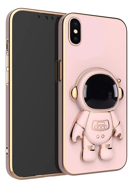 Apple iPhone x Kılıf Astronot Standlı Sevimli Parlak Altın Gold Kenarlı Tam Korumalı