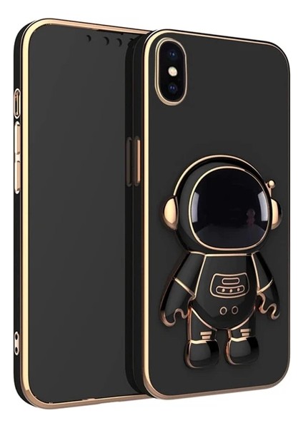 Apple iPhone Xs Max Kılıf Astronot Standlı Sevimli Parlak Altın Gold Kenarlı Tam Korumalı