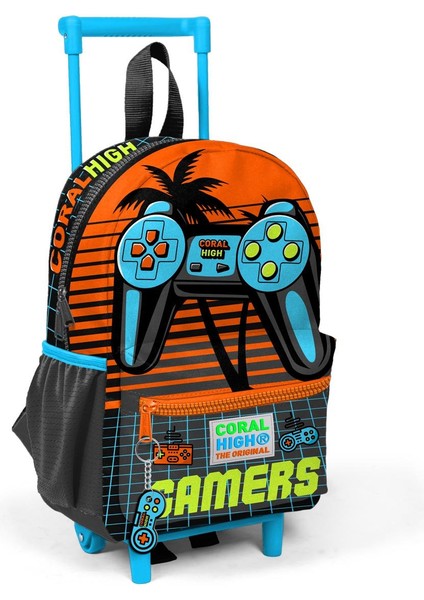 Minik Yuva Çekçekli Sırt Çantası Gri Turuncu Gamer Desenli Iki Bölmeli 24046