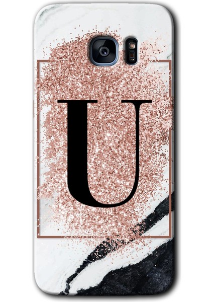 Galaxy S7 Edge Kılıf Hd Desen Baskılı Arka Kapak + Kırılmaz Cam - Pembe Mermer Desenli U Harfi