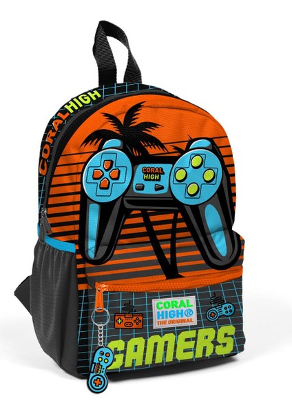 Minik Yuva Sırt Çantası Gri Turuncu Gamer Desenli Iki Bölmeli 23546