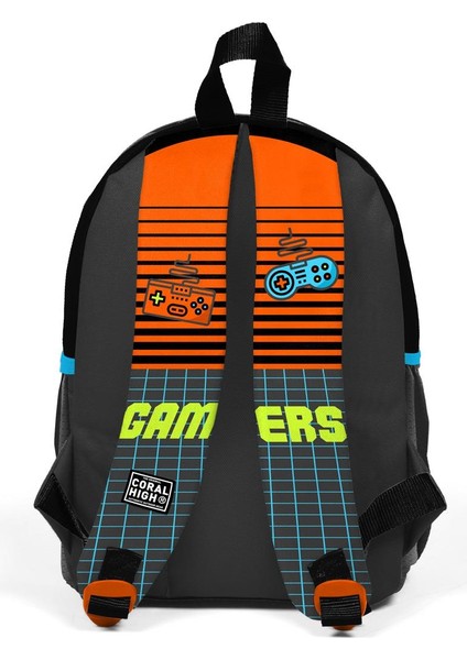 Minik Yuva Sırt Çantası Gri Turuncu Gamer Desenli Iki Bölmeli 23546