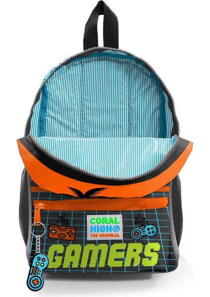 Minik Yuva Sırt Çantası Gri Turuncu Gamer Desenli Iki Bölmeli 23546