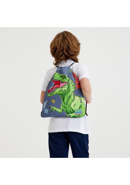 Kids Siyah Gri Dinozor Desenli Ipli Büzgülü Sırt Çantası 22444