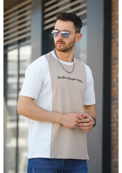 Scarp Nakışlı Parçalı Waffle Desen Slim Fit Likralı Erkek Tshirt