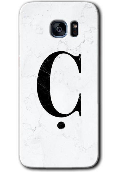 Galaxy S7 Edge Kılıf Hd Desen Baskılı Arka Kapak + Kırılmaz Cam - Beyaz Mermer Desenli Ç Harfi