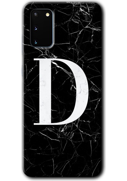 Galaxy S20 Kılıf Hd Desen Baskılı Arka Kapak + Esnek Nano Cam - Siyah Mermer Desenli D Harfi