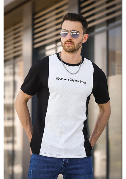 Scarp Nakışlı Parçalı Waffle Desen Slim Fit Likralı Erkek Tshirt