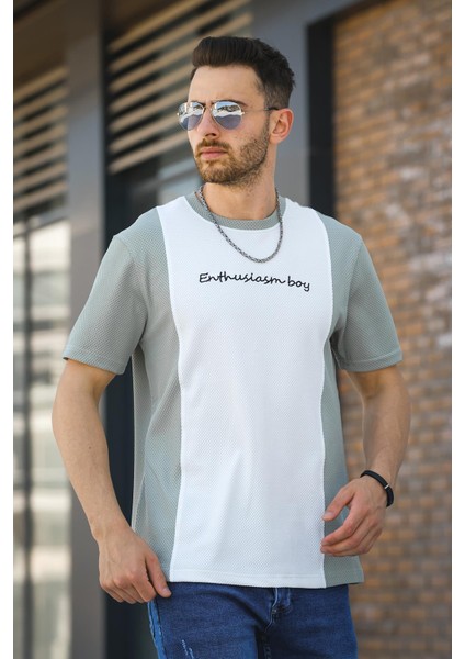 Scarp Nakışlı Parçalı Waffle Desen Slim Fit Likralı Erkek Tshirt