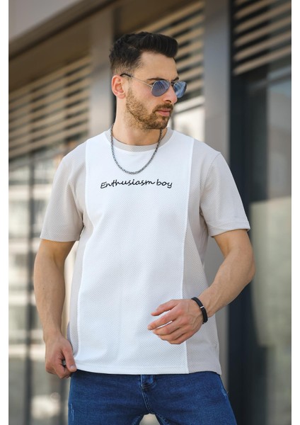 Scarp Nakışlı Parçalı Waffle Desen Slim Fit Likralı Erkek Tshirt