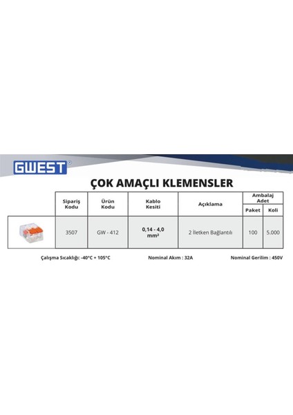 GW-412 Çok Amaçlı 2 Iletken Bağlantılı Klemens (10 adet) fiyatları