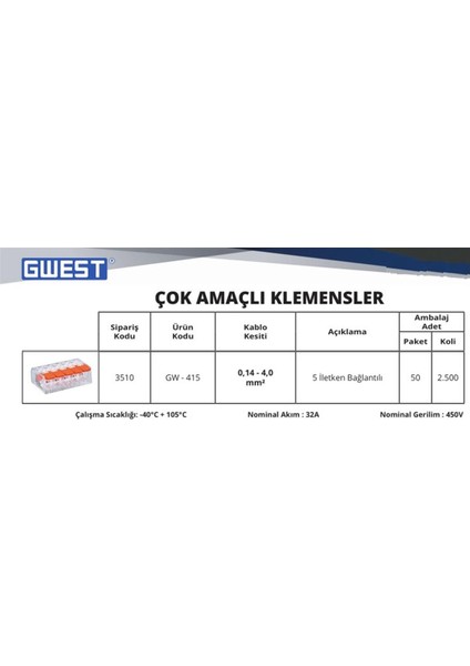GW-415 Çok Amaçlı 5 Iletken Bağlantılı Klemens (10 adet) fiyatları