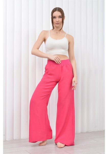 Kadın Keten Beli Lastikli Cepli Pantolon Pembe modelleri