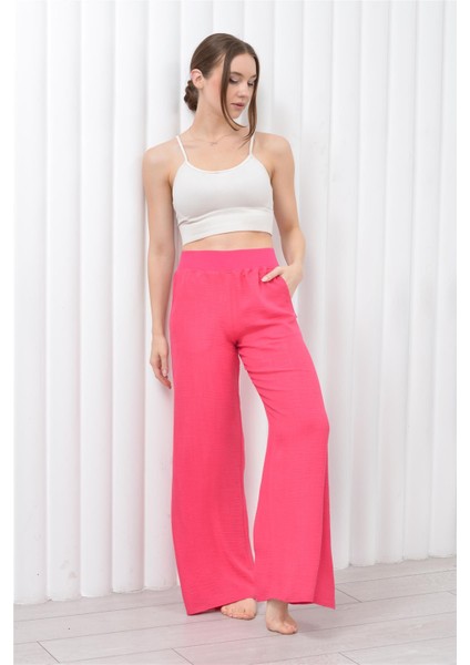 Kadın Keten Beli Lastikli Cepli Pantolon Pembe fırsatları