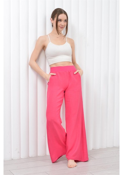 Kadın Keten Beli Lastikli Cepli Pantolon Pembe indirimleri