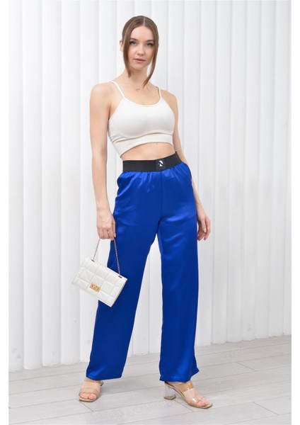 Kadın Beli Lastikli Palazzo Saten Pantolon Saks