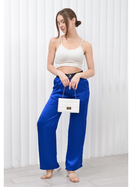 Kadın Beli Lastikli Palazzo Saten Pantolon Saks modelleri