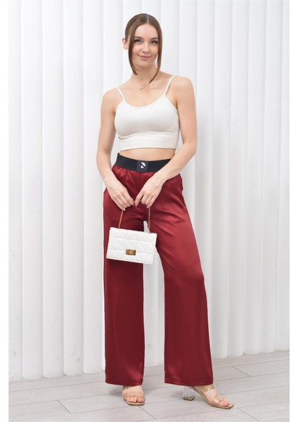 Kadın Beli Lastikli Palazzo Saten Pantolon Bordo