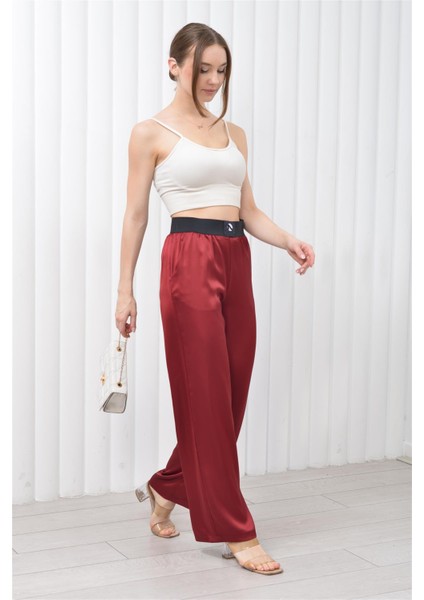 Kadın Beli Lastikli Palazzo Saten Pantolon Bordo modelleri