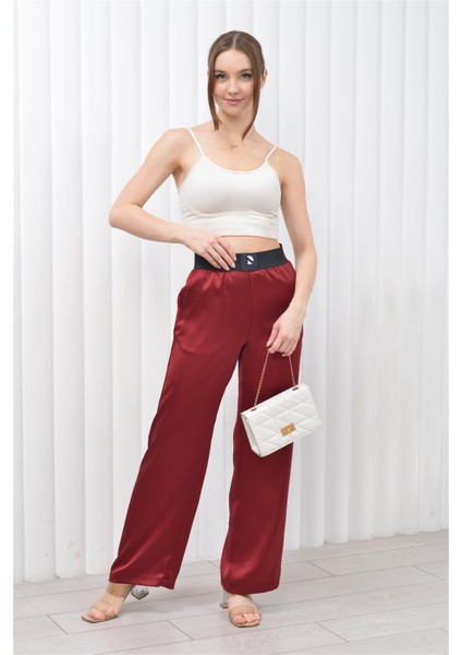 Kadın Beli Lastikli Palazzo Saten Pantolon Bordo fırsatları