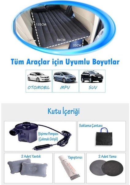 Şişme Yatak Araba ve Kamp Yatağı Çanta Elektrikli Pompa Tamir Kiti ve Yastıklı yatak seti