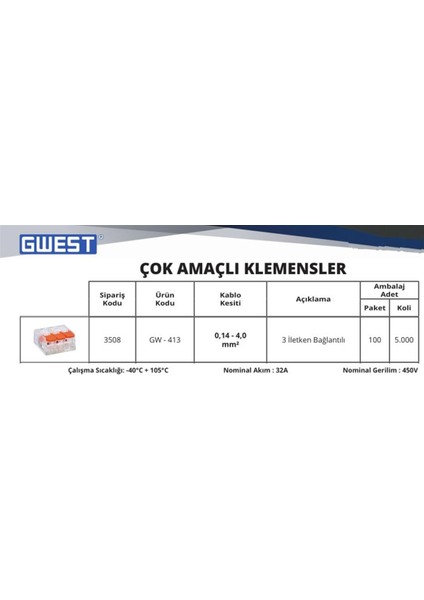 GW-413 Çok Amaçlı 3 Iletken Bağlantılı Klemens fiyatları