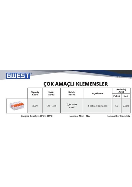GW-414 Çok Amaçlı 4 Iletken Bağlantılı Klemens