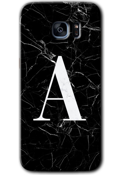 Galaxy S7 Edge Kılıf Hd Desen Baskılı Arka Kapak + Kırılmaz Cam - Siyah Mermer Desenli A Harfi