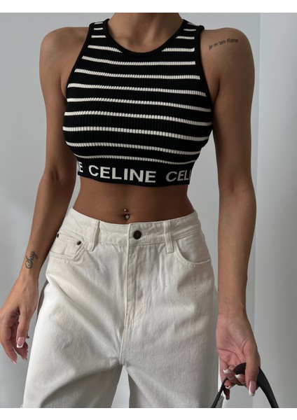 Bantı Yazılı Çizgili Crop Triko Bluz