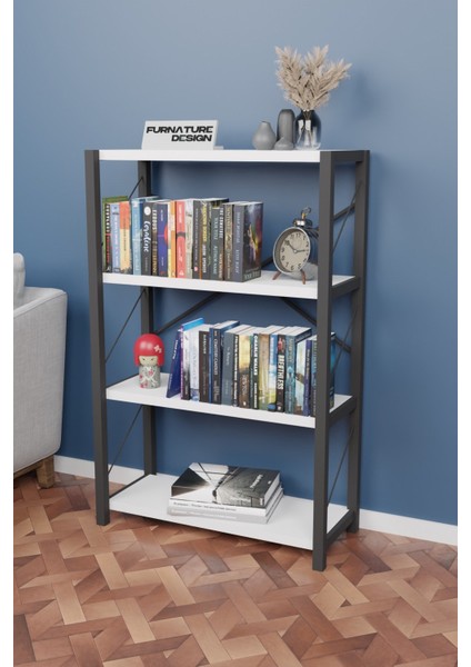 Metal Kitaplık 4 Raflı Dekoratif Kitaplık Raf Beyaz