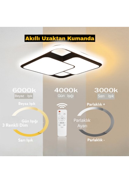 50X50CM Siyah Kare Içi Çift Kare LED Tavan Lambası,avize,modern Aydınlatma,3 Işık Rengi,kumandalı