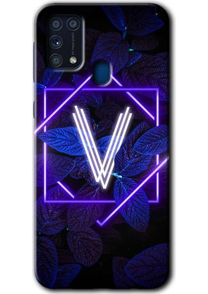 Galaxy M31 Kılıf Hd Desen Baskılı Arka Kapak - Dark Neon Yaprak V Harfi