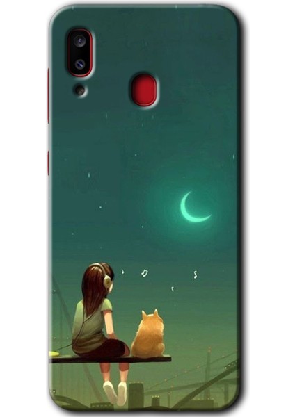 Galaxy A20 Kılıf Hd Desen Baskılı Arka Kapak + Kırılmaz Cam - Kedili Kız